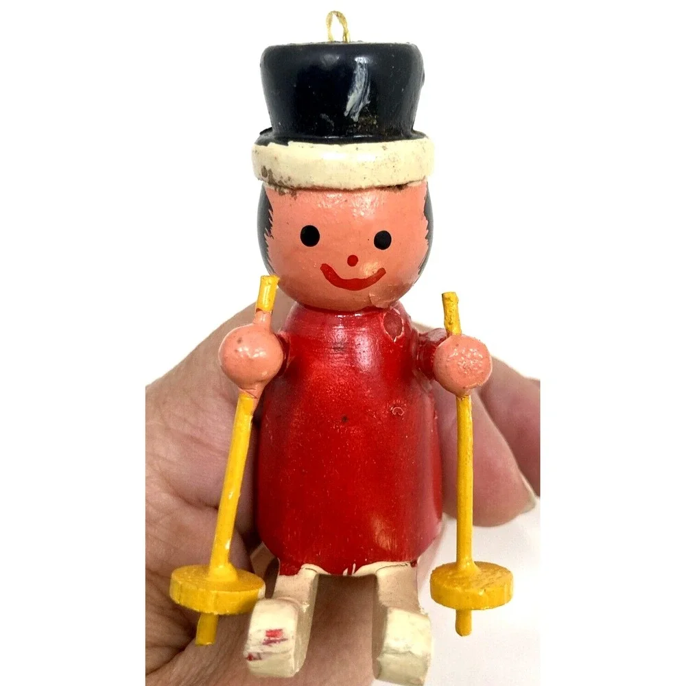 Vintage Wood Gnome Elf On Wooden Skis Christmas Ornament 3‎ inch 1985